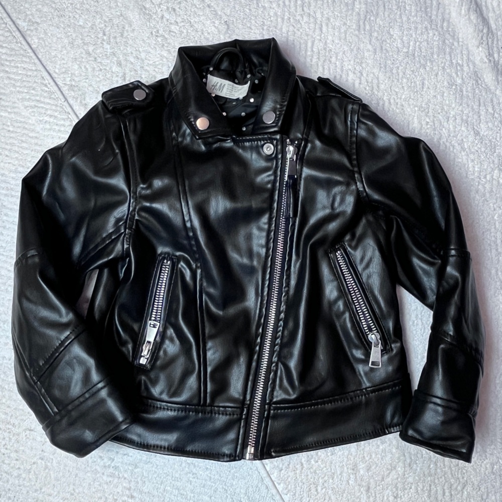 H&M Kids 5T Black Polka Dot Lined Faux Leather Moto Rebel Jacket